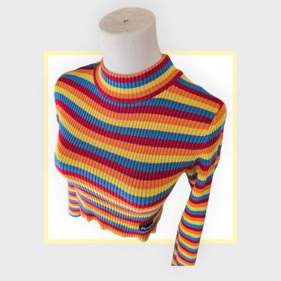 Minga London Rainbow Mock Neck Striped Ribbed Cropped Sweater - Picture 4 of 8